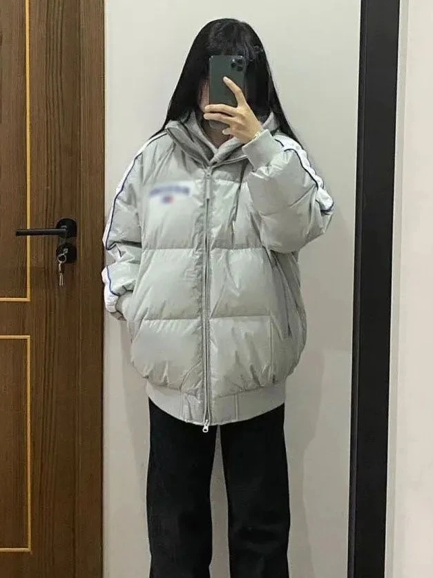 

Зимняя женская утепленная куртка 2026 года: хлопковая, в корейском стиле, с отложным воротником, в полоску, с буквенным принтом, с воротником-стойкой