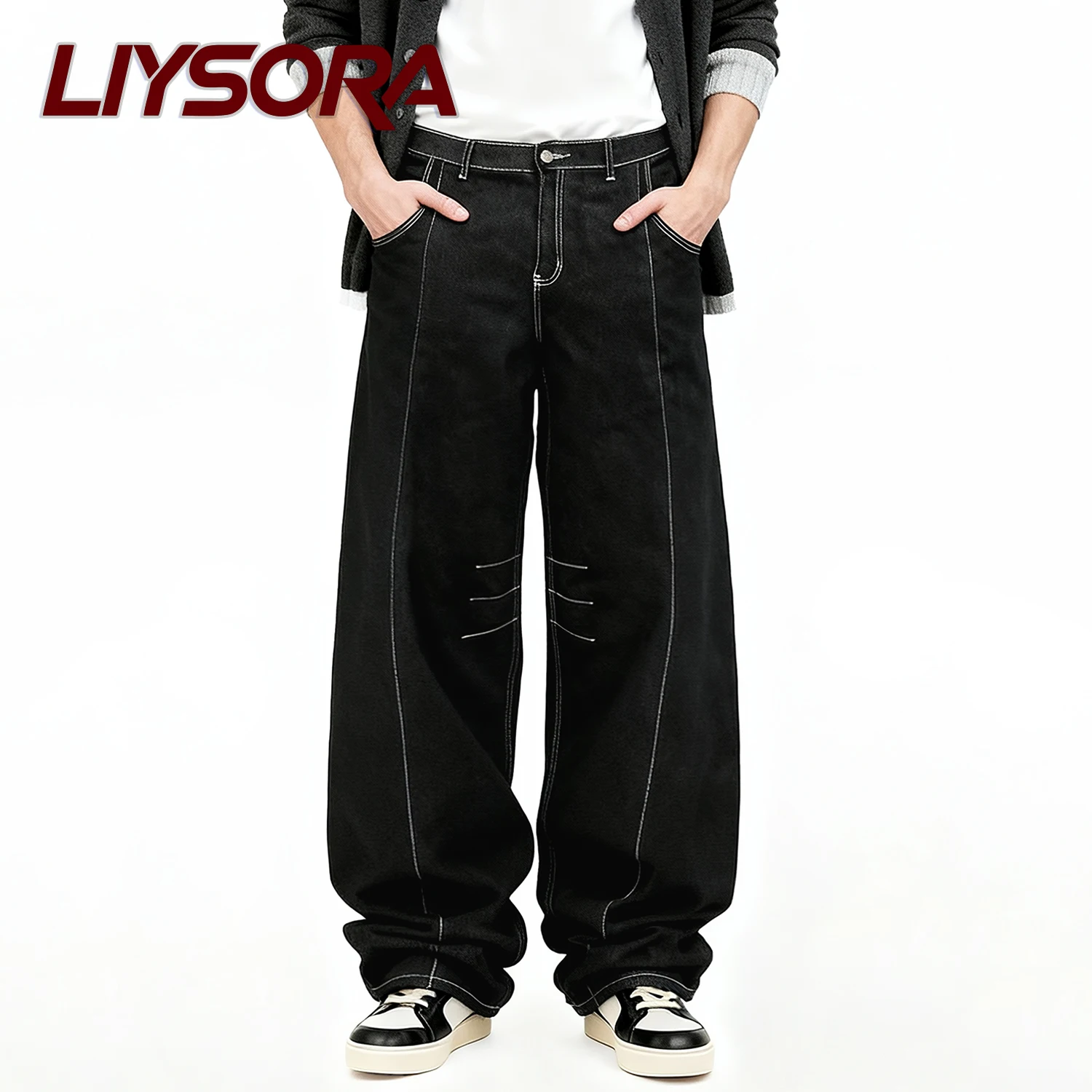 

American Retro Men's High Street Black Baggy Wide Leg Jeans Korean Version Loose Casual Deconstruction Design Denim Pants Unisex