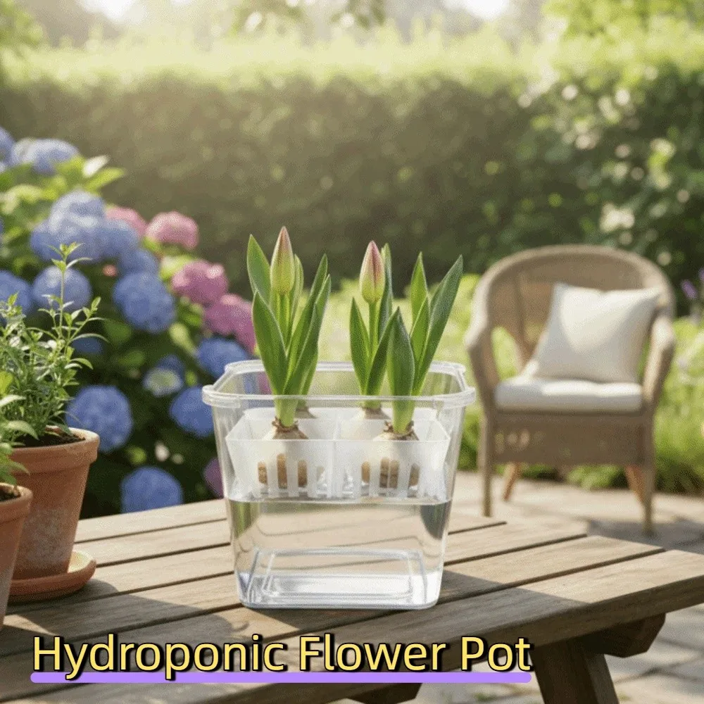 3PCS 4-grides Design Hydroponic Flower Pot Transparent Square Tulip Bulb Planter Self-Watering Plastic Nursery Pots