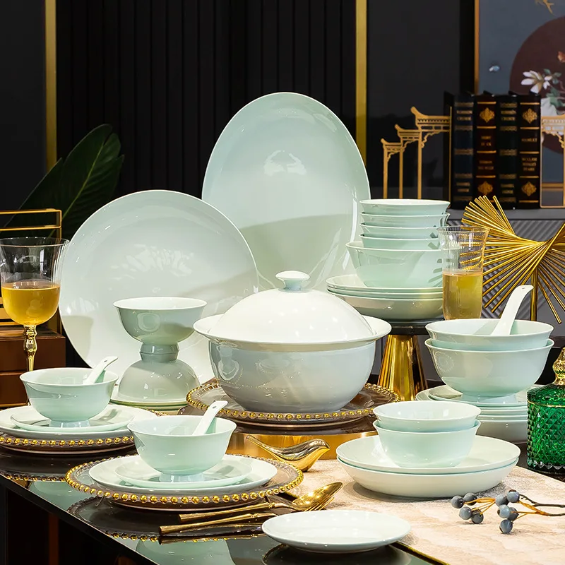 

Bowls, plates and plates Jingdezhen ceramic tableware set, high temperature celadon glaze bone china vegetable plate noodle bowl