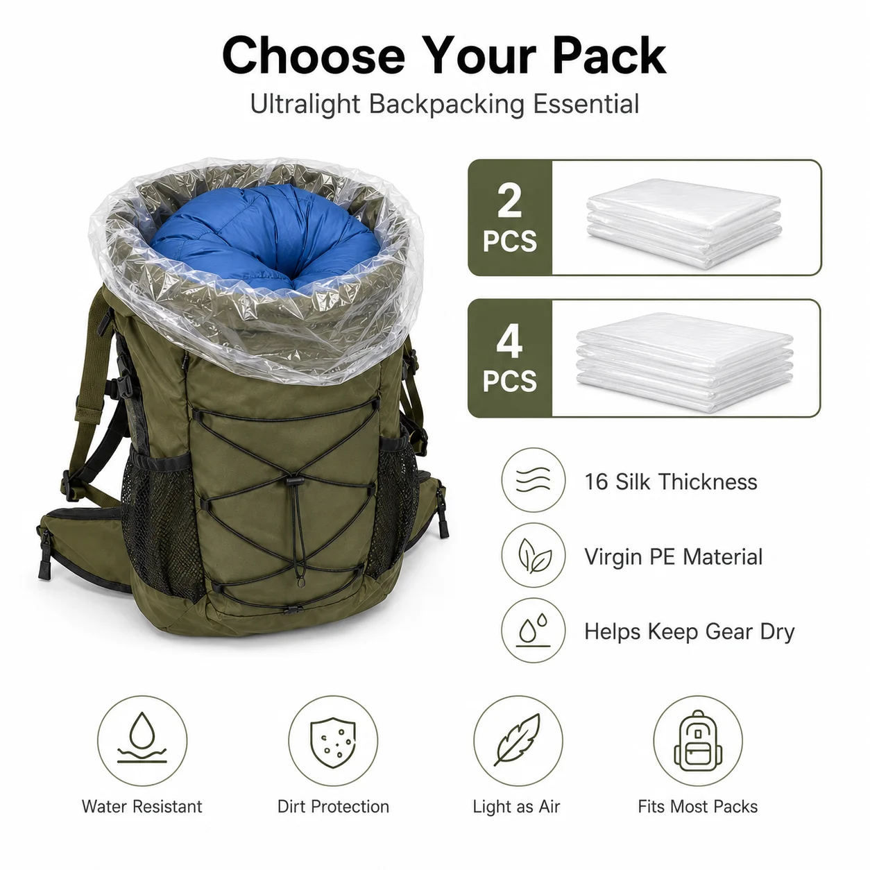 Picture 7: UL Backpacking PE Waterproof Liner Ultralight Backpack Liner Transparent Inner Storage Bag for Hiking Camping Gear Protection
