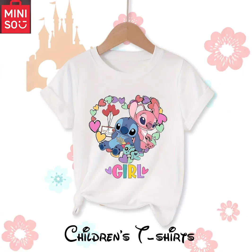 

MINISO Stitch Star Baby Cartoon Children's Clothing Summer New Collection Boys and Girls Round Neck Short sleeved T-shirt