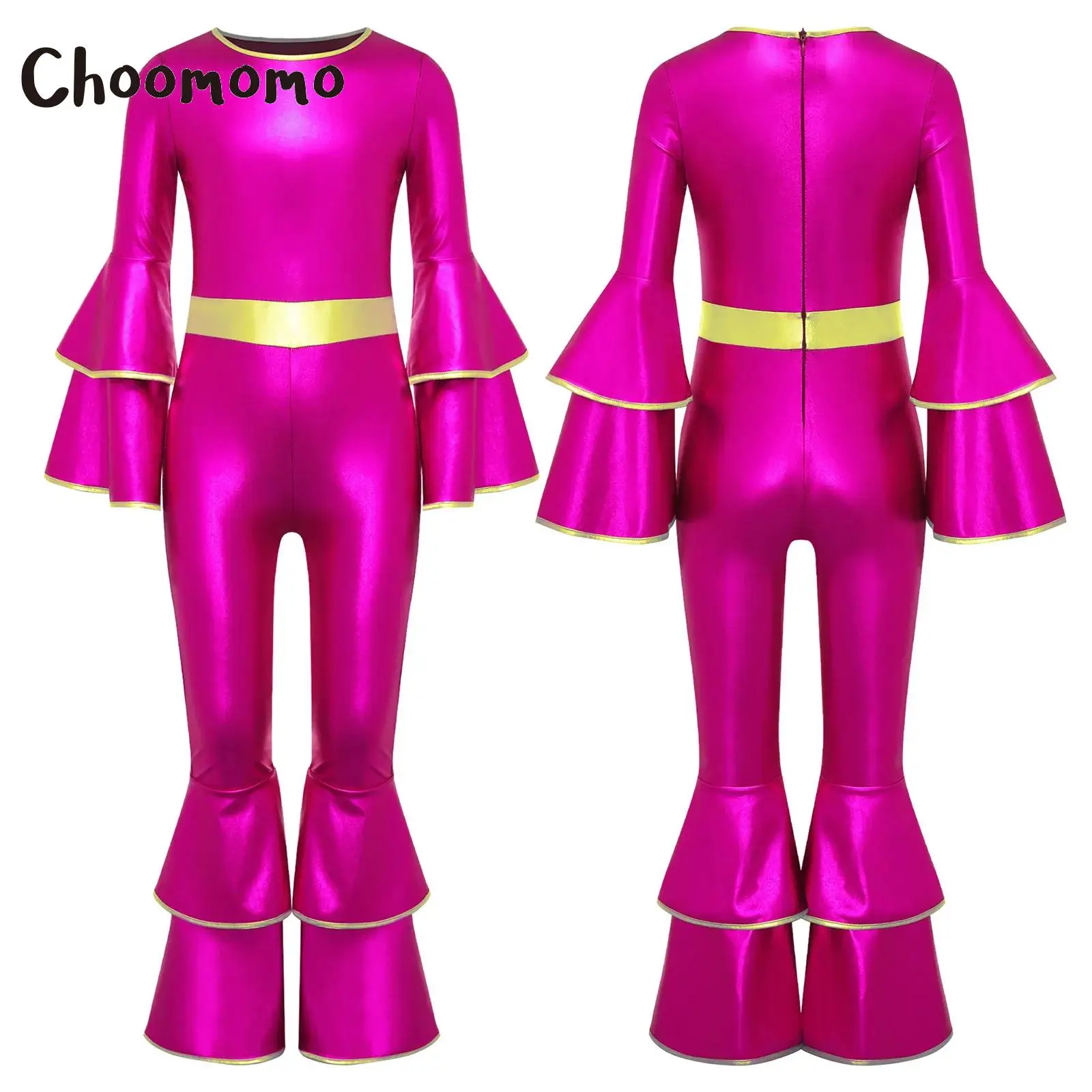 

Girls 70s 80s Disco Dance Costume Halloween Hippie Cosplay Party Jumpsuit Metallic Shiny Long Sleeves High Waist Flared Romper