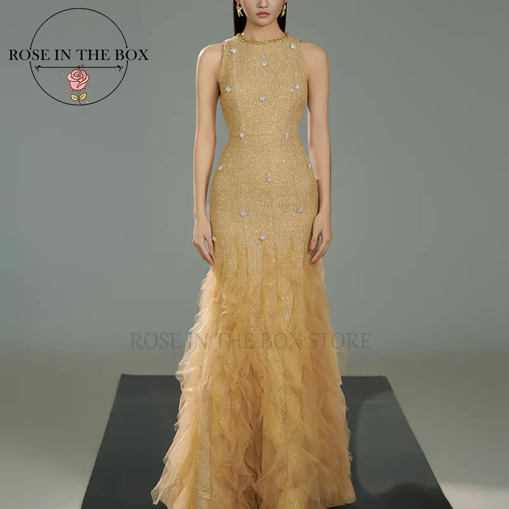 

ROSEINTHEBOX Customized Crystal Neck Sleeveless Evening Dresses 3D Ruffles Trumpet Floor Length Luxurious Elegant Party Dress