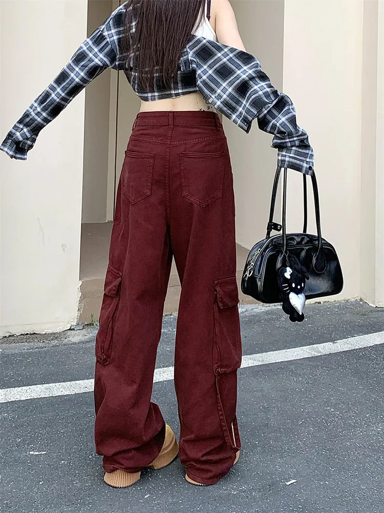 2024 Ropa Y2K Streetwear Wine Red Baggy New Jeans Cargo Pants For Women Designer Wide Leg Multi Pockets Hip Hop Lady Trousers