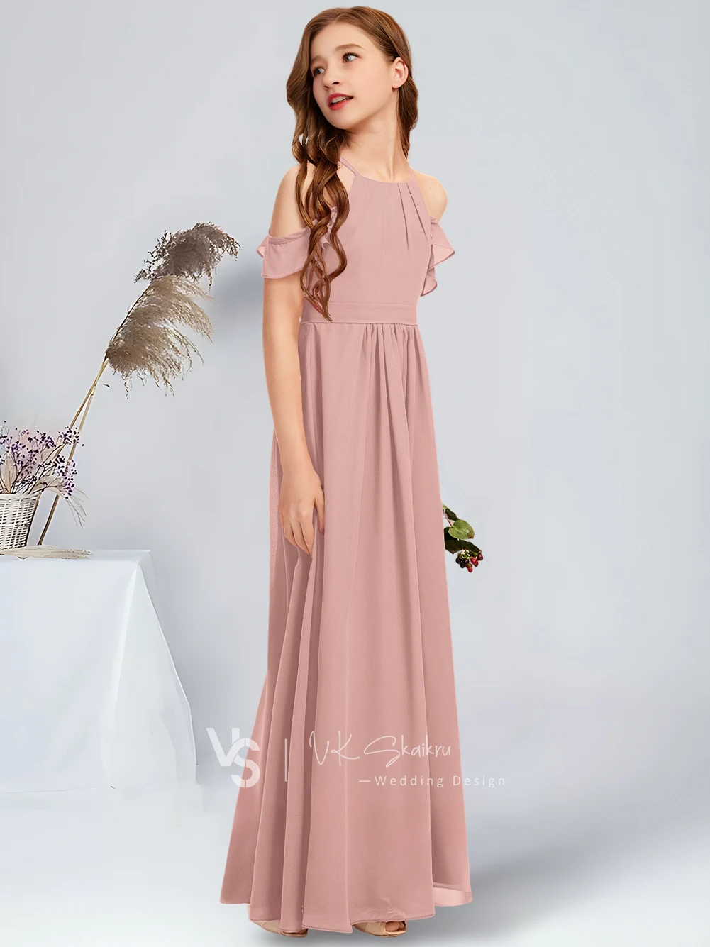 Elegant A-Line Halter Floor-Length Chiffon Junior Bridesmaid Dress Stunning Dusty Rose Flower Girl Gown for Wedding Party Teens