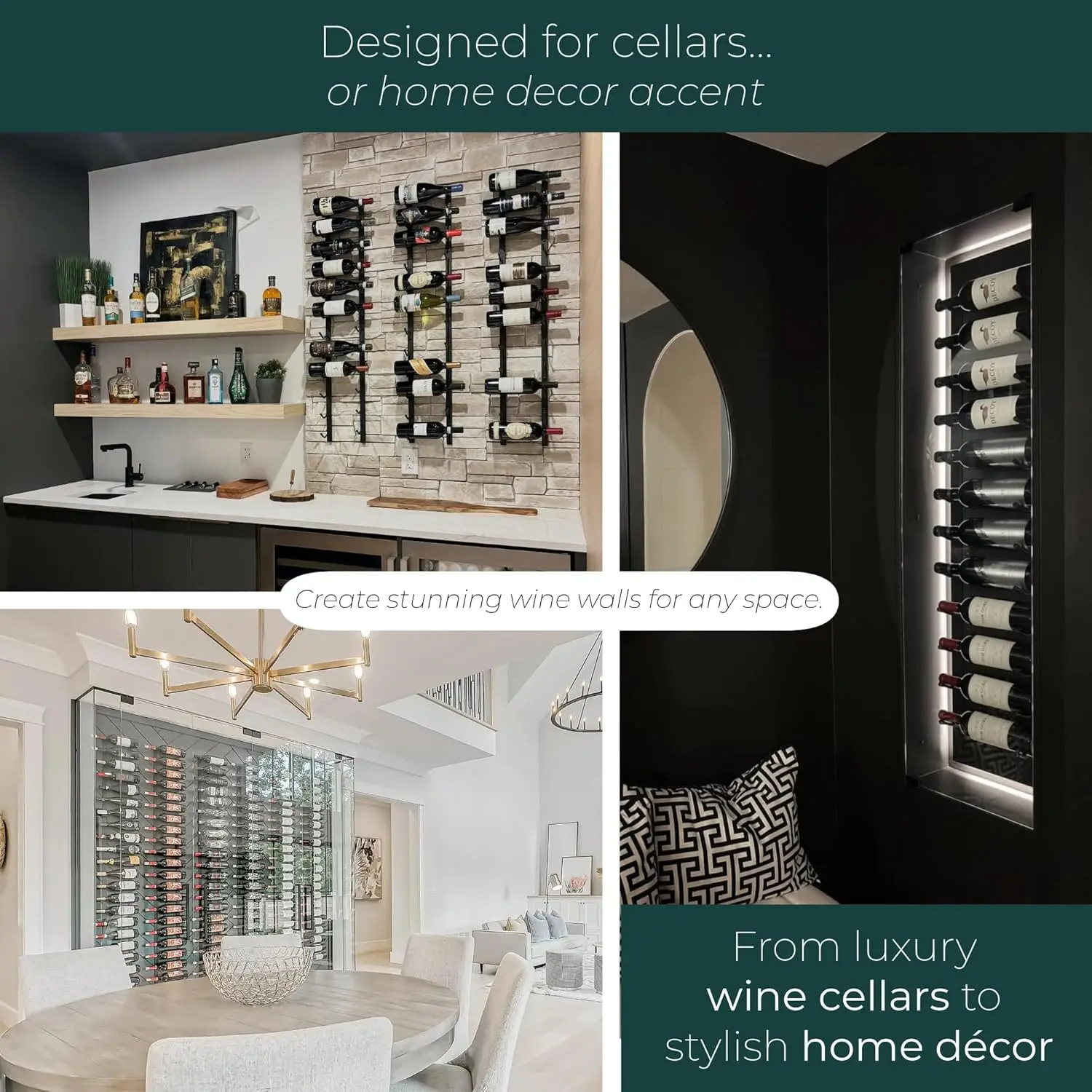 9-Bottle Wall Mounted Wine Rack with Label View - Steel Satin Finish Storage