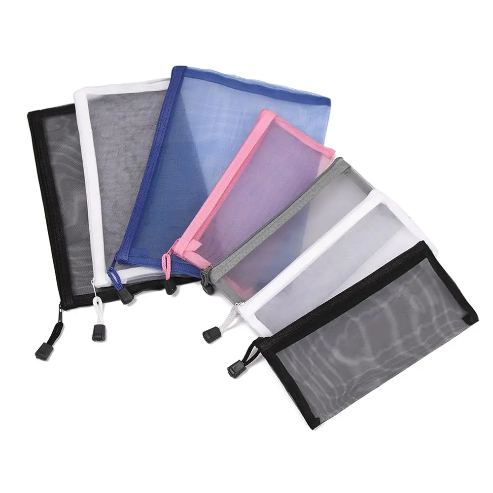 1pc Solid Color Gifts Handbags Stationery Coin Purse Makeup Mesh Pen Bag Zipper Pencil Case Transparent Grid Cosmetic Storage