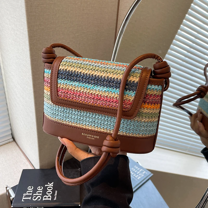 Colorful Striped Woven Pattern Women's Bag 2024 Summer Luxury Brand Pu Leather Handbags Small Shoulder Crossbody Bags For Ladys