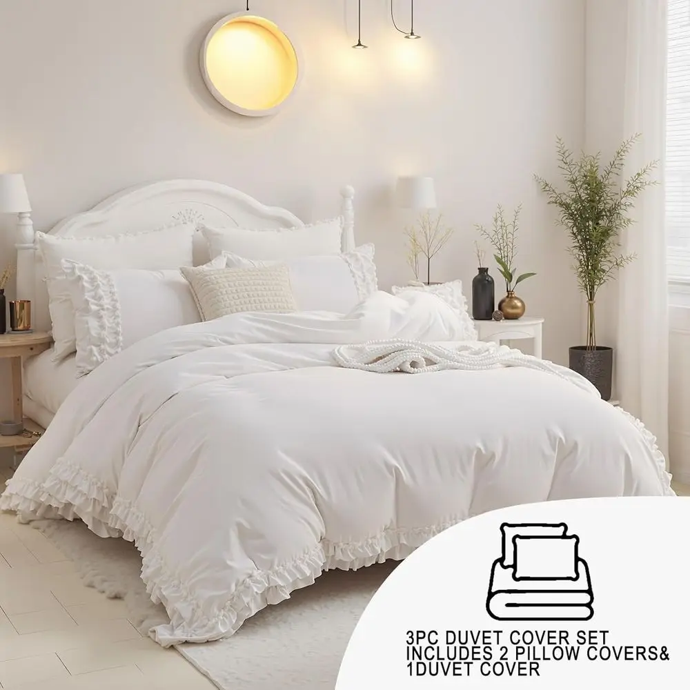 مجموعة غطاء لحاف مكشكش من القطن بحجم كوين - سرير أبيض أنيق على طراز المزرعة مع لحاف لطيف