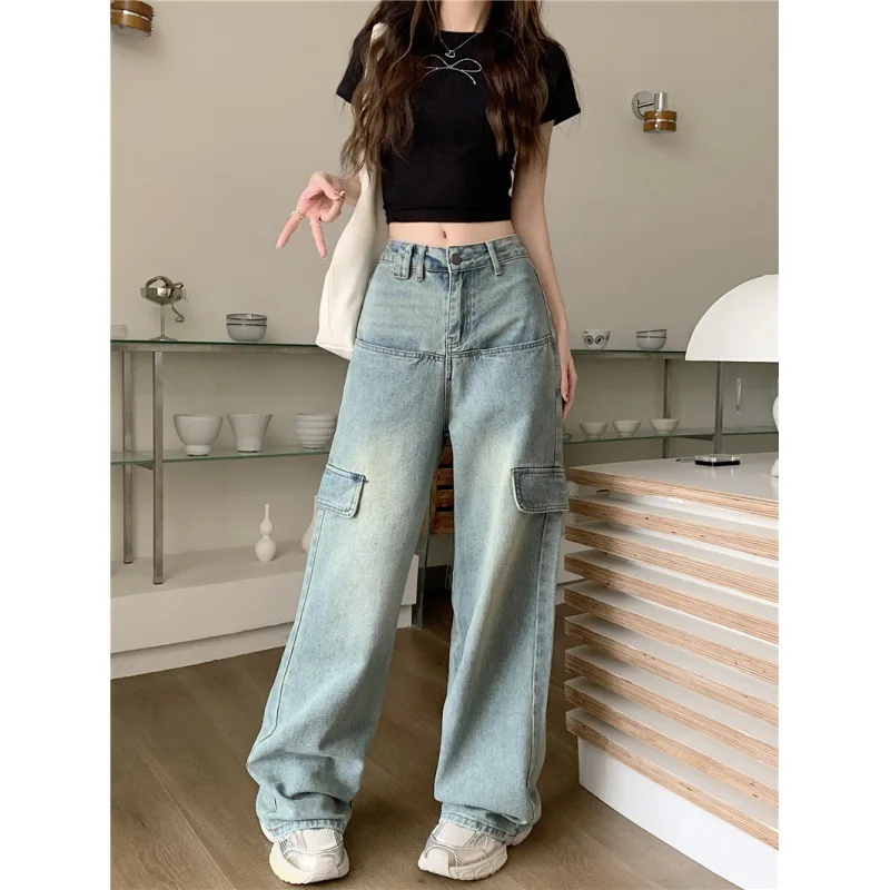 Women Jeans Straight Distressed Pants Denim Washing High Waist Loose Fit Pockets Basics Full Length Pants Slight Strech 2024