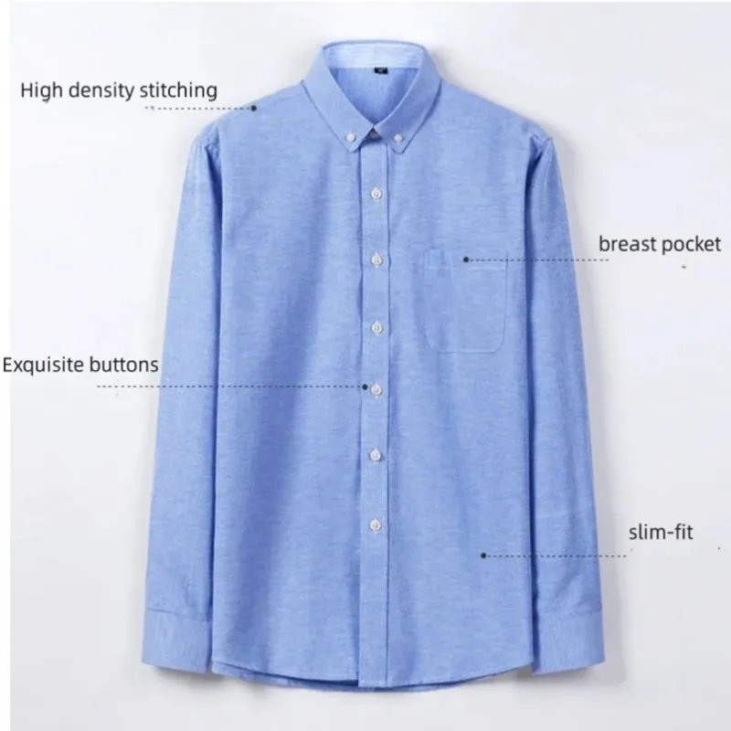 Men's Business and Leisure Work Shirt Solid Color Long Sleeve Lapel Button Shirt Spring 60% Cotton +40% Polyester Pocket Top.