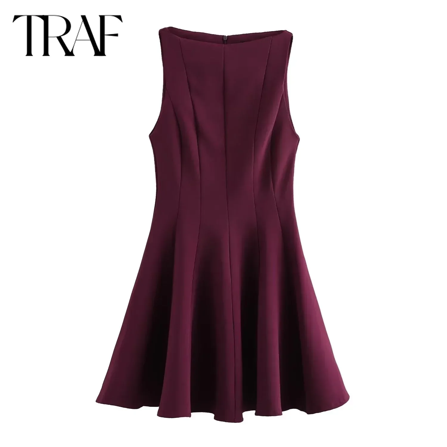 TRAF Dress for Women Fashion 2024 Autumn New French Back Zip Wide Pleated Vest Dresses Birthday Party Chic Female Evening