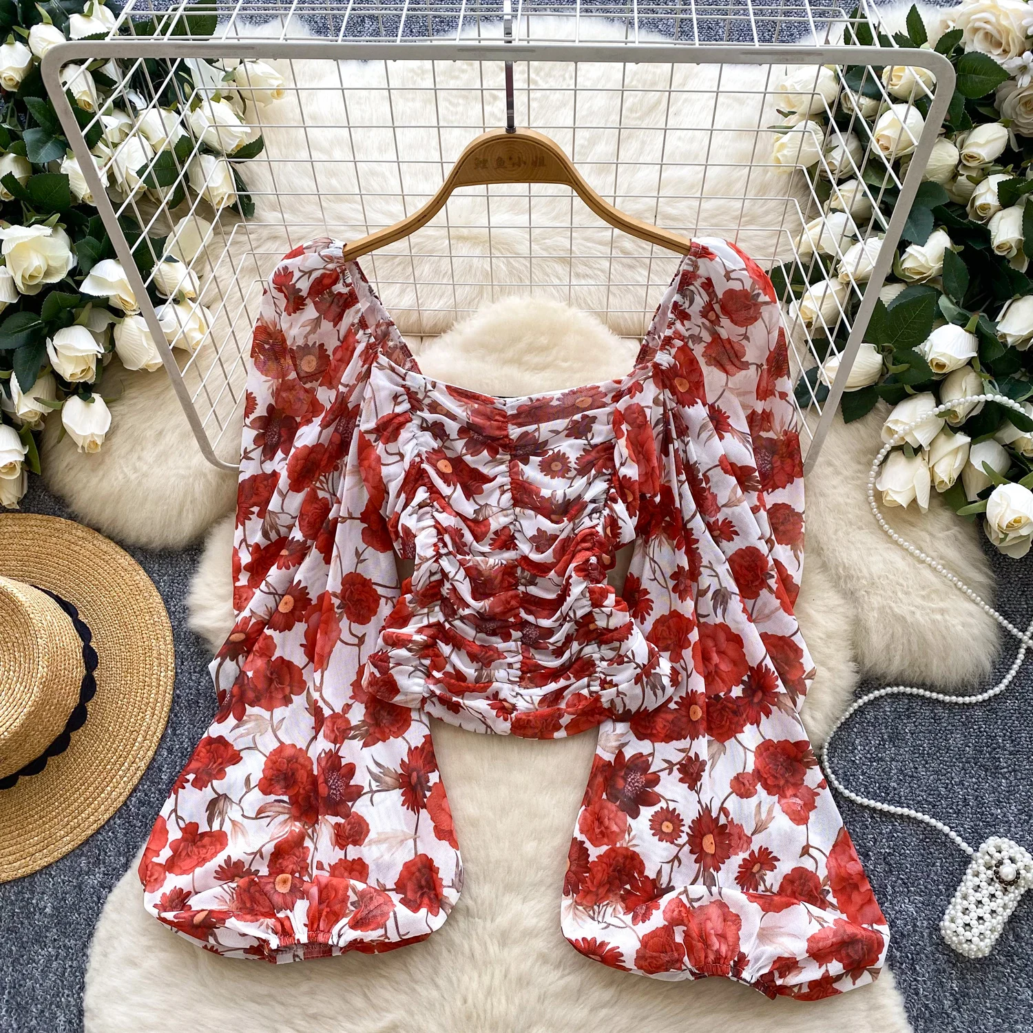 Koszulka damska Y2k Goth Spice Girl chic z siateczkowym nadrukiem, plisowana, z długim rękawem, dopasowana, odzież damska