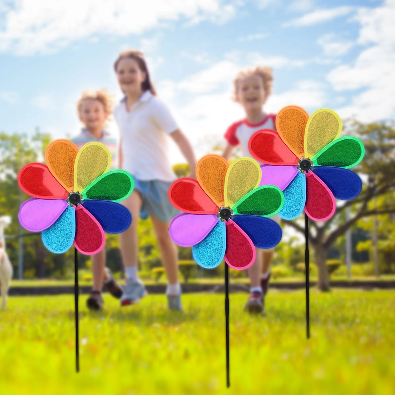 New Colorful Rainbow Flower Spinners Wind Windmill Garden Yard Outdoor Decor Sparkly Pinwheels For Yard Scare Birds Away