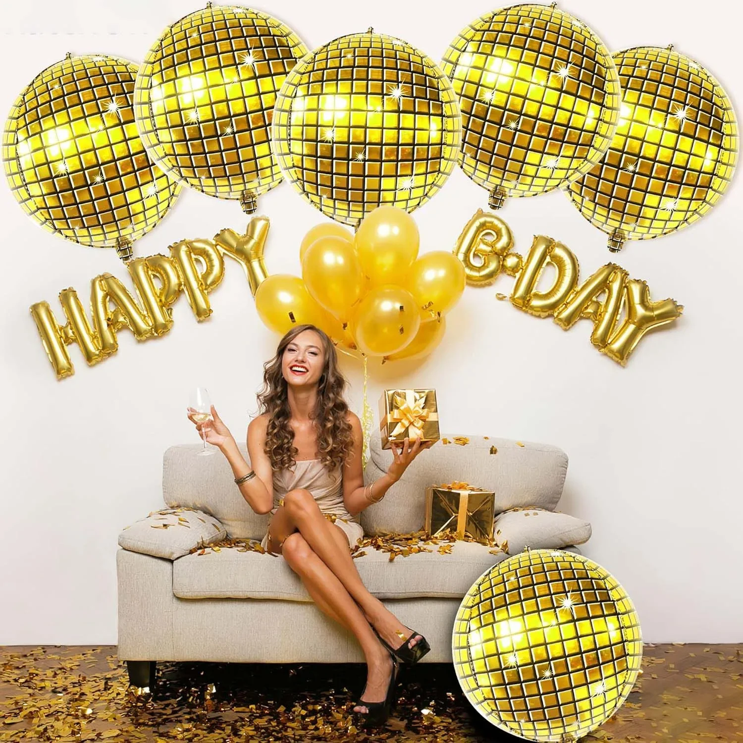 6 22 inch disco gold aluminum foil balloons, disco themed party and ballroom retro decorative balloons