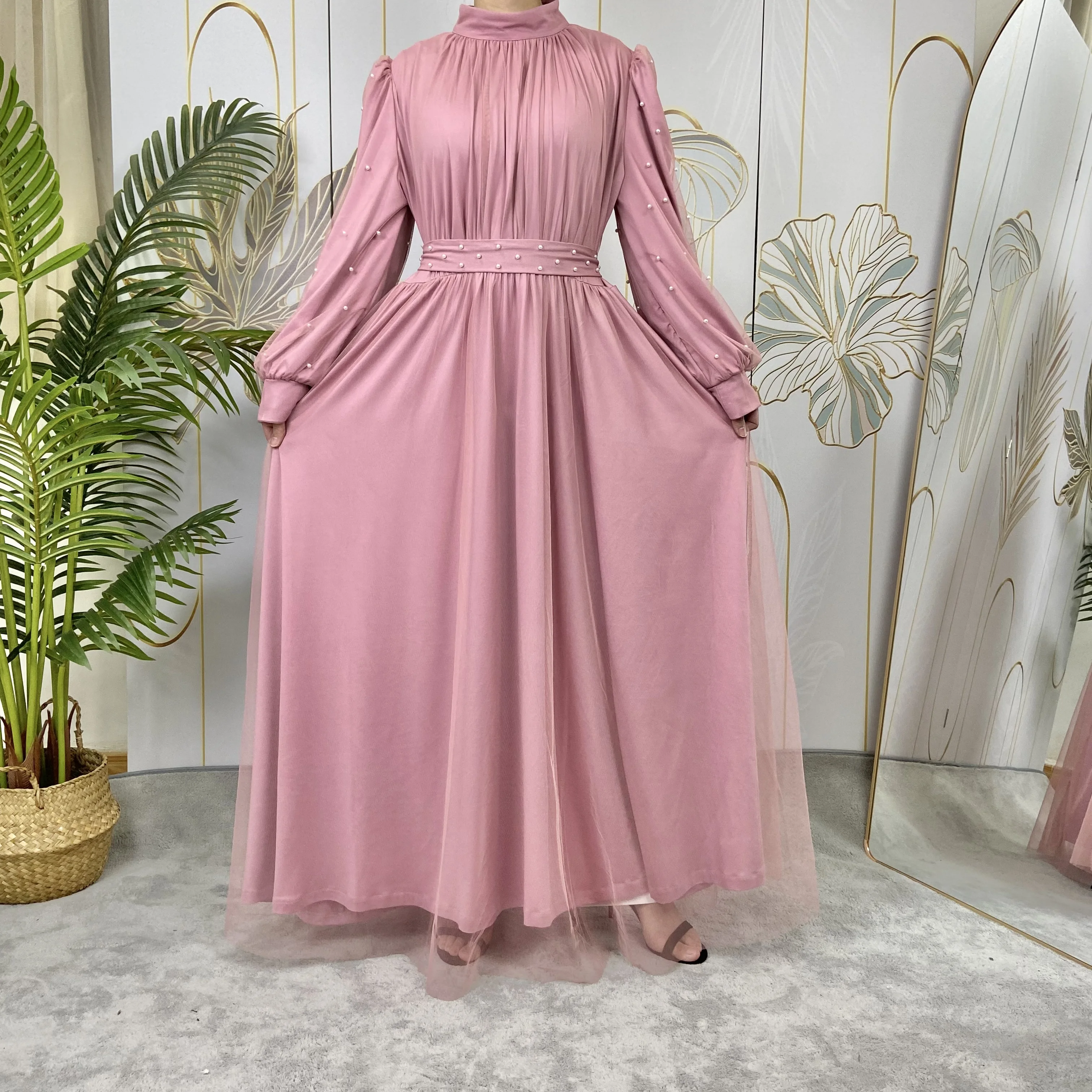 Middle East Türkiye Pink Women Modest Mesh splicing Muslim Clothing Fashion Beads Islamic Maxi Long Sleeve abaya Dress