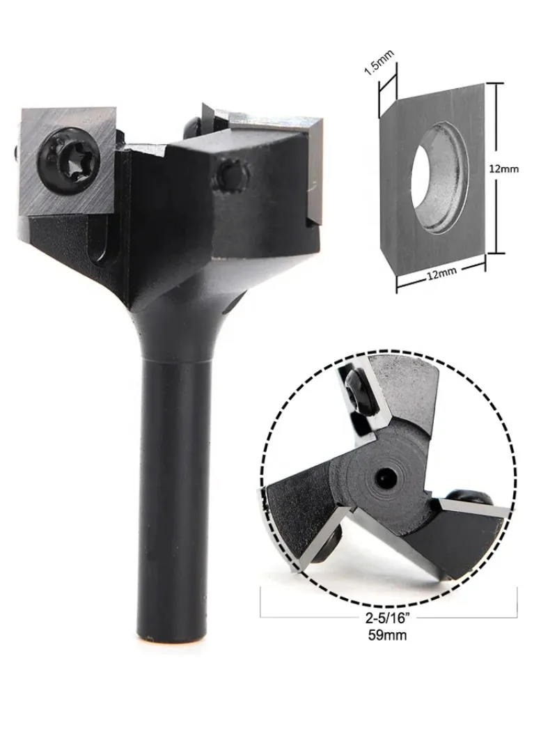Fraise simple CNC Spoilboard Surface et Rabbeting Router Bits, raboteuse de Surface 3 Couteau à insérer indexable - Tige 1/2"