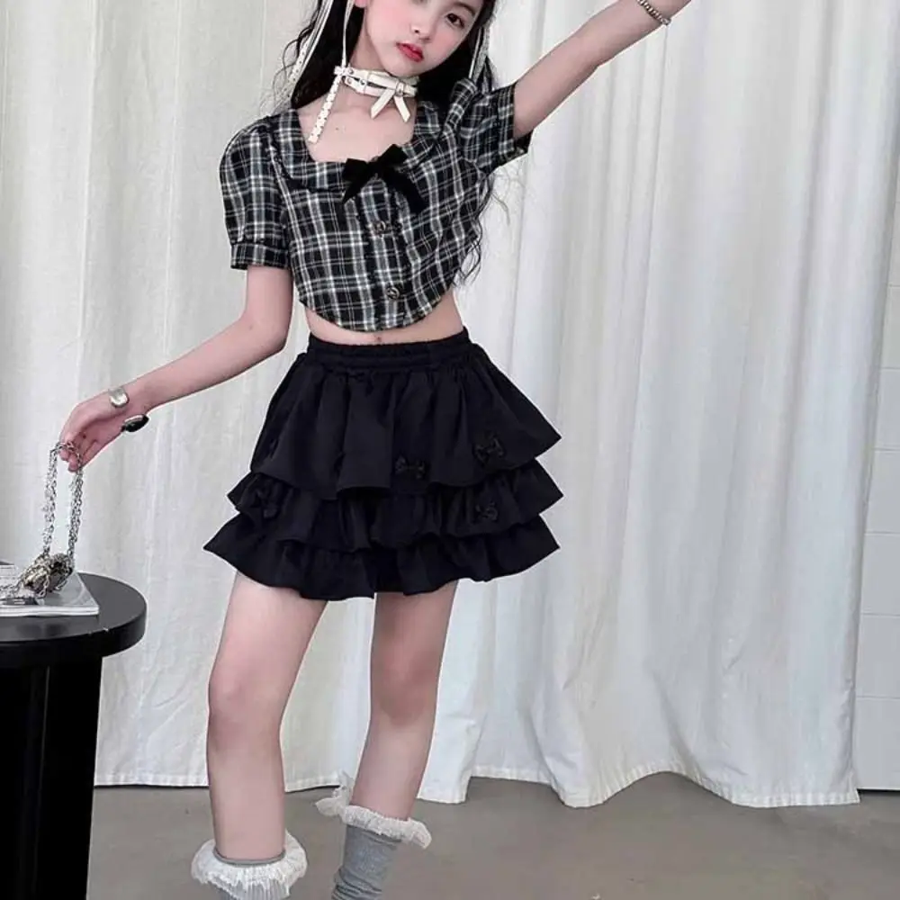 

Cake Dress Sweet Girls Wear Suit Short Sleeve Teens T-shirt Plaid Skirt Set Party Preppy Style Costume Children Summer Clothes