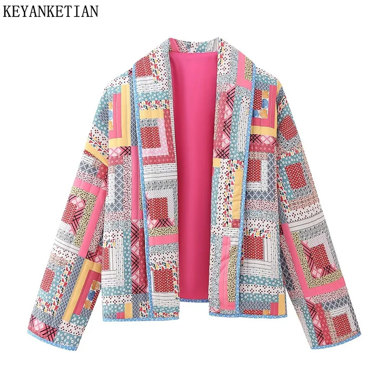 KEYANKETIAN Autumn/Winter New Contrast Color Printing Women\'s Turn Down Collar Quilting Cropped Parkas Vintage Quilting Crop Top