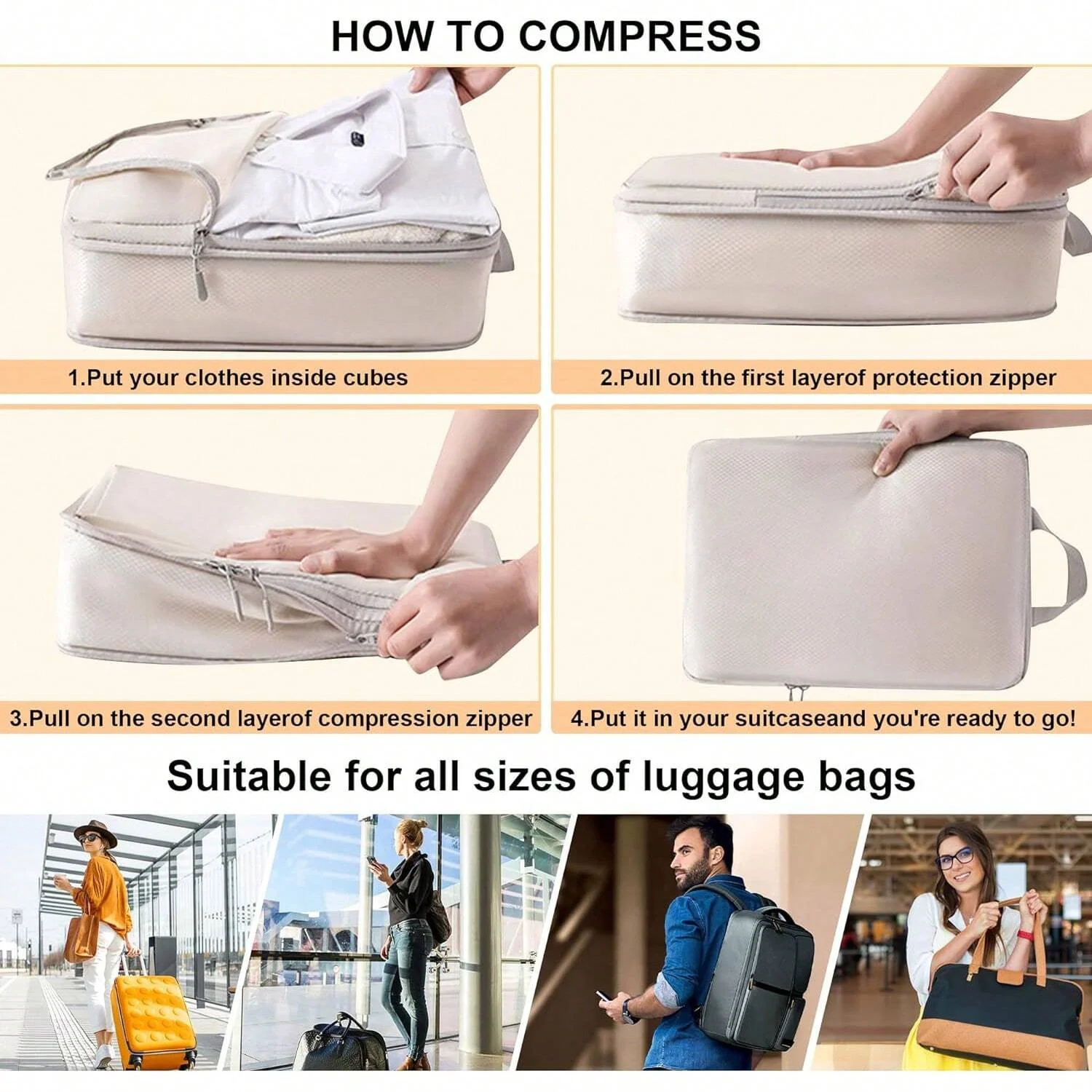 Conjunto de 6 sacos de compressão para viagem saco de nylon impermeável, mala portátil com bolsa, organizador de bagagem