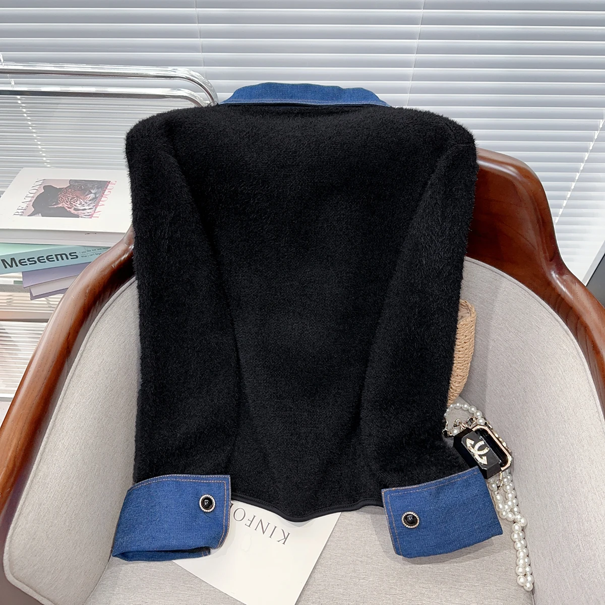 Camisola de malha de vison falso cardigan casaco feminino topos 2025 outono inverno manga longa denim emendado único breasted elegante chique jumper