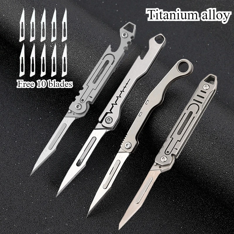 Multi Style New Mini Titanium Alloy Folding Surgical Knife for Outdoor Camping, Portable EDC Knife with 10 Free Blades