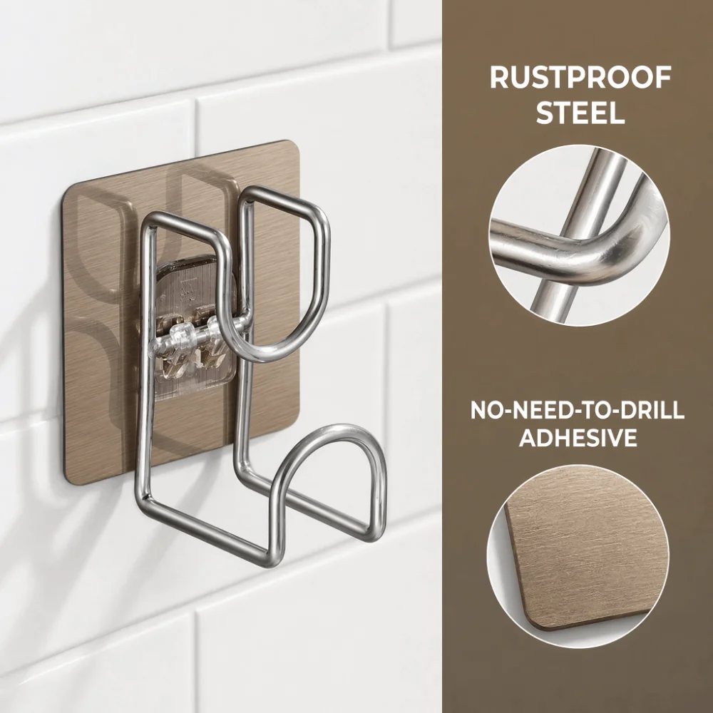 6 PCS Stainless Steel Wash Basin Hook Brown Silver Hole Free Installation Self Adhesive Hook Adhesive Backing