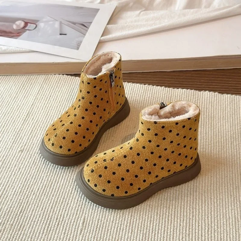 Winter Fleece Kids Mid-Top Snow Boots Boys Girls Polka Dot Non-Slip Cotton Shoes Toddlers High-Top Thick Boots Kids Casual Shoes