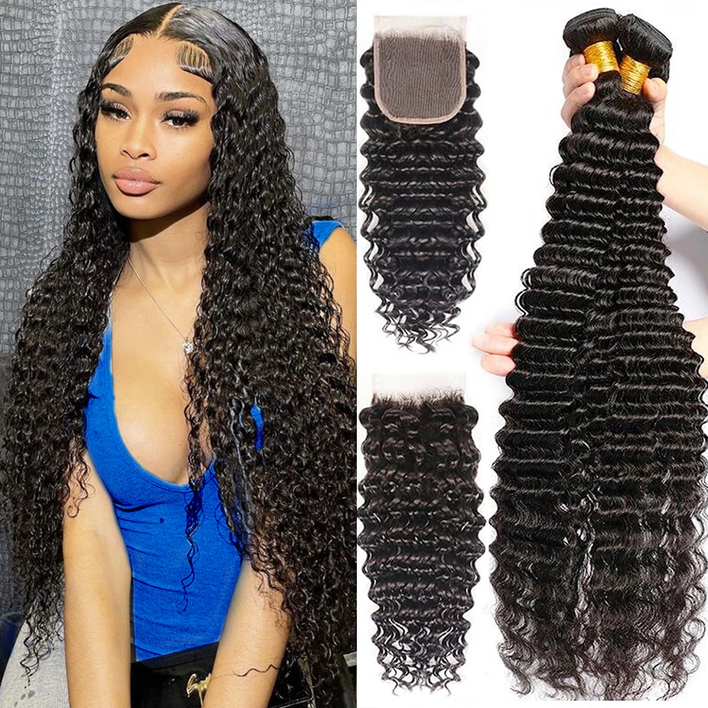 Bundles Deep Wave avec fermeture à lacet HD, cheveux humains bruts brésiliens, 3 faisceaux, 30 po