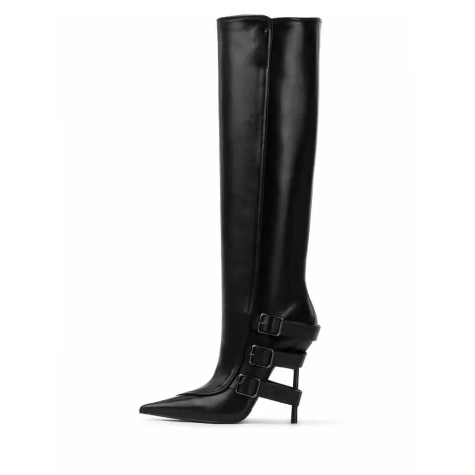 

Sexy Buckle Belt Stiletto High Heels Women Black Over-the-knee Boots Ladies Pointed Toe Slip-on Dress Party Runway Shoes 2025