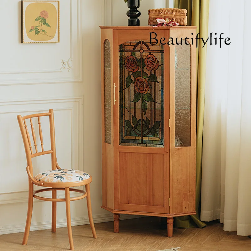 

Rose corner cabinet Cherry wood solid wood wine cabinet American retro living room triangular corner corner cabinet