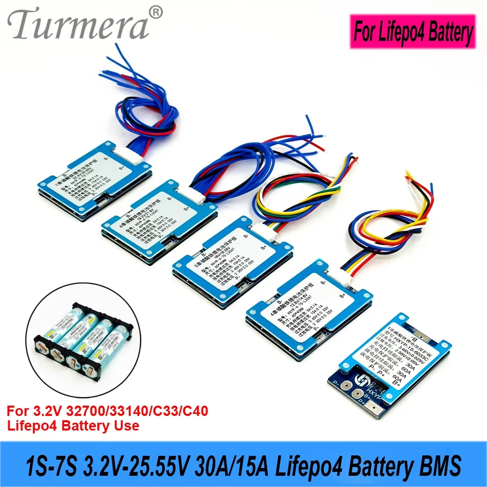 Turmera 1S-7S 3.2V-25V 15A 20A Lifepo4 بطارية BMS مع توازن لبطاريات 9.6V 12.8V 18V 24V 32700 33140 C40 Lifepo4 للاستخدام بنفسك