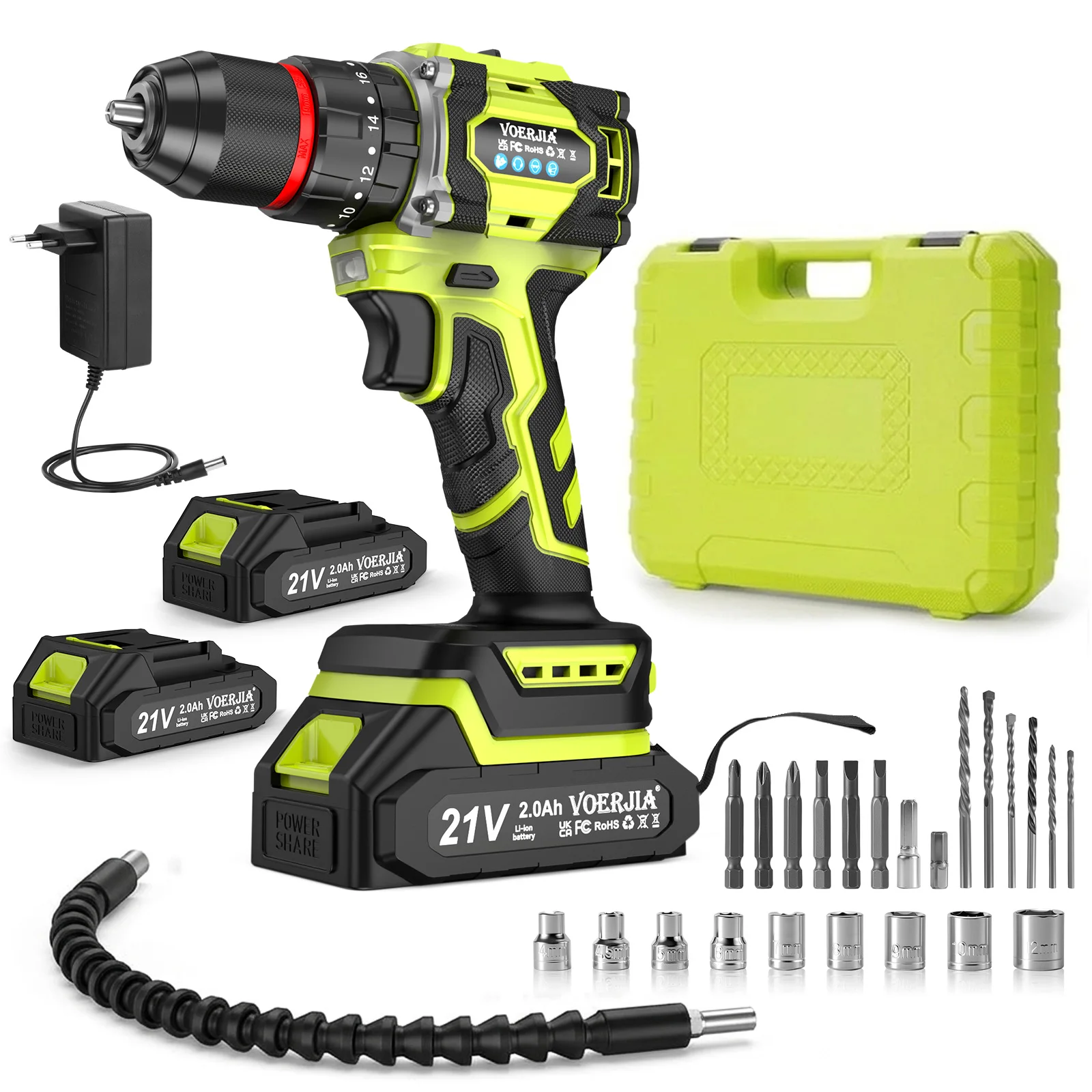Trapano elettrico a batteria VOERJIA 21V, senza spazzole, 750W, con 2 batterie da 2000mAh, trapano a batteria con coppia variabile 20+3, mandrino da 3/8", 60N.