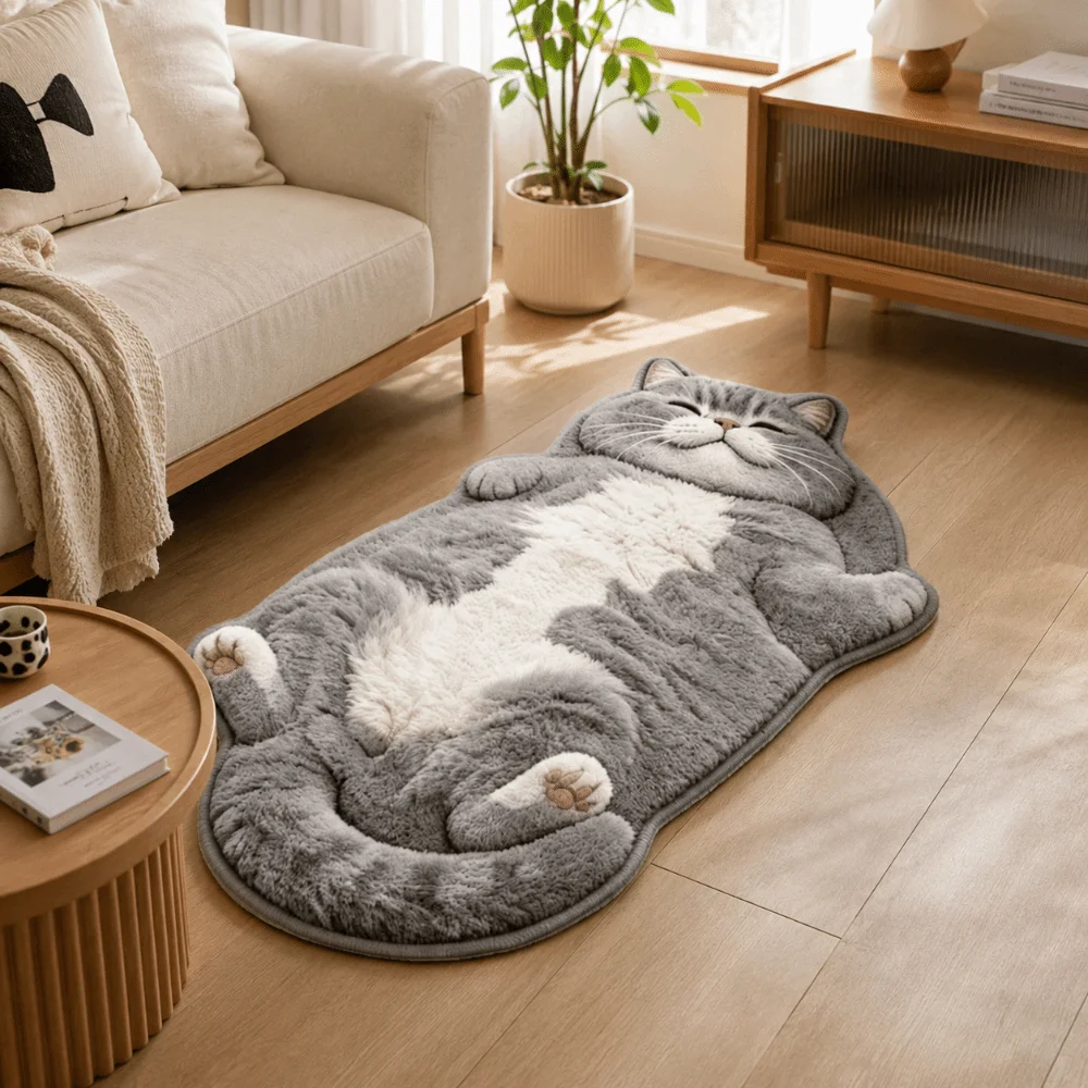 Funny Non-Slip Cat-Shaped Area Rug Anti-fouling Easy to Clean Home Decor Carpet Cartoon Carpet Living Rooms