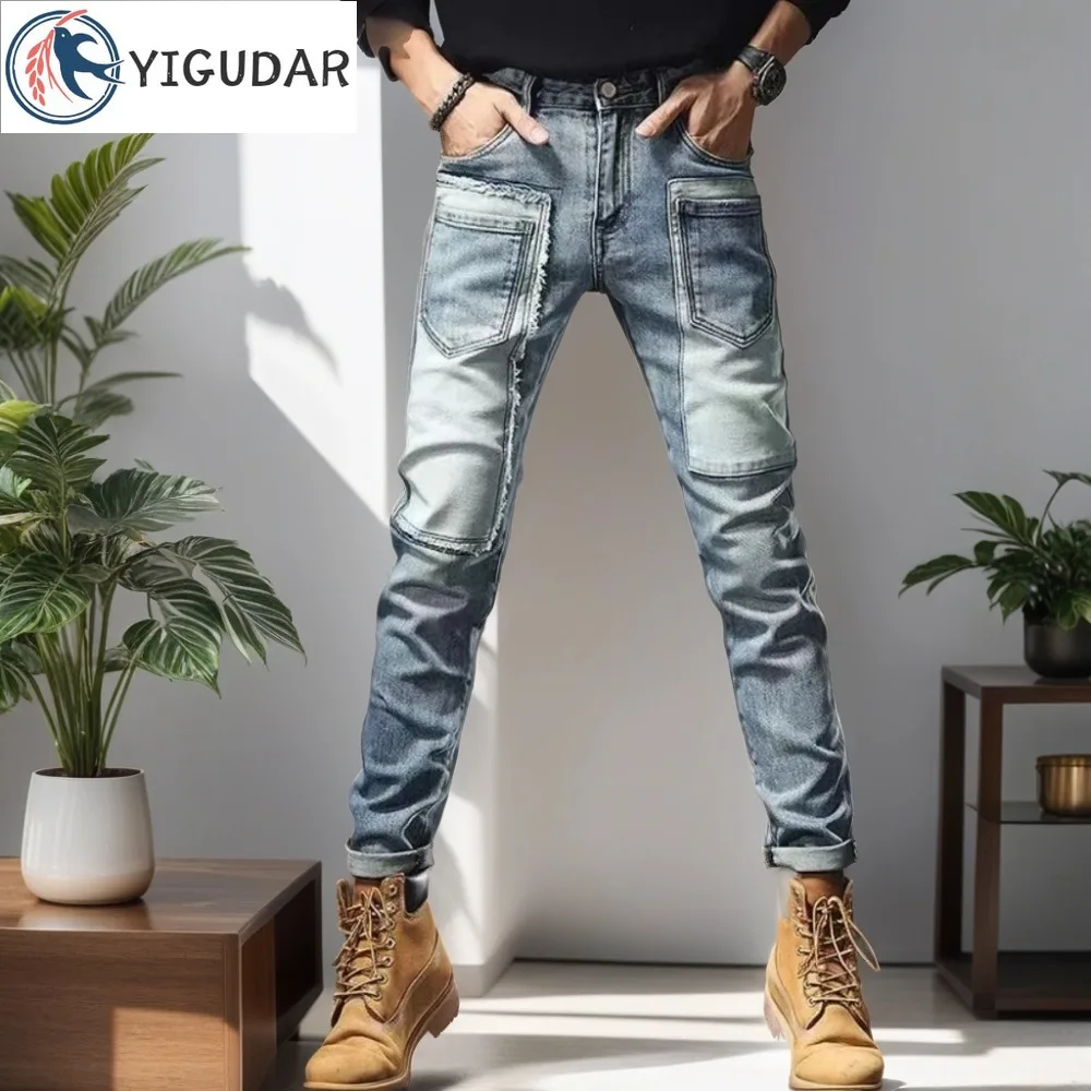 

Men's jeans nostalgia blue slim-fit elastic multi-pocket fashion stitching raw edge small feet pants slim fit denim pants