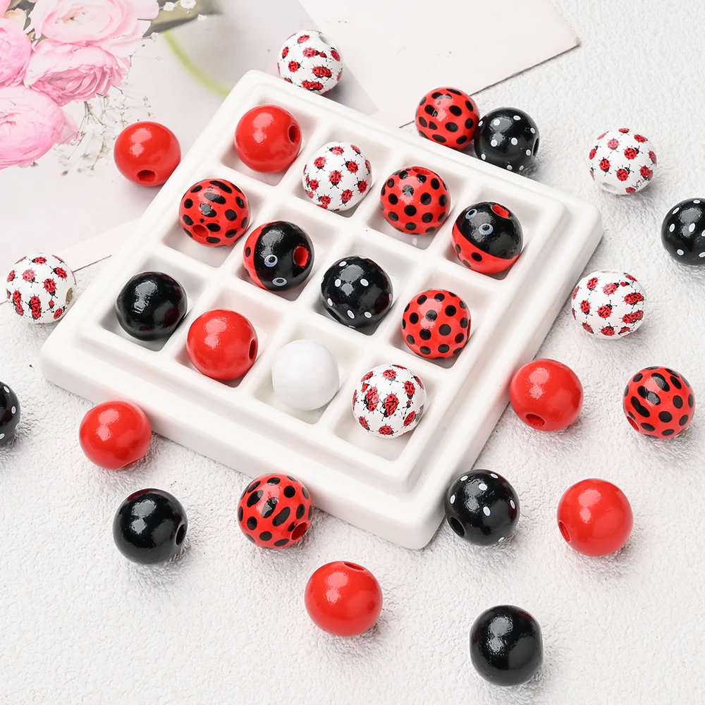30Pcs 16mm Ladybug Themed Wooden Bead Food Grade Teether Bead For DIY Care Chew Pacifier Chain Jewelry Making Accessory