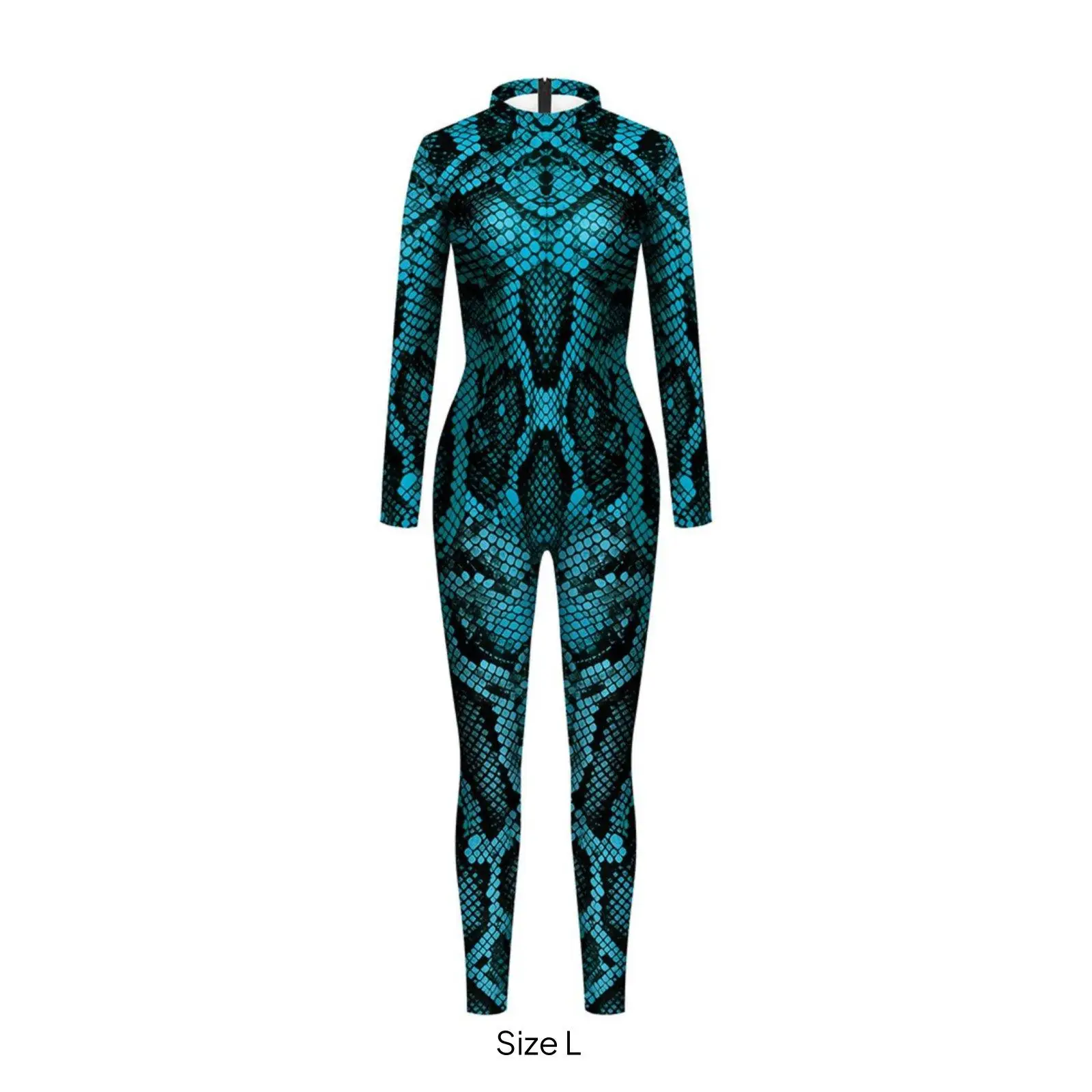 Womens Sequin Bodysuit Snake Skin Print Jumpsuit Long Sleeve High Neck Slim Dance Outfit for Stage Party Cosplay Show