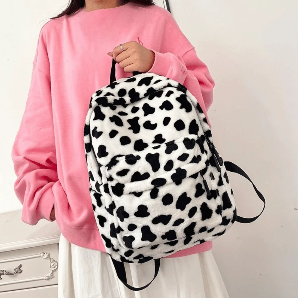 Fashion Plush Leopard Print Backpack Lightweight Ulzzang Students School Bag Large Capacity Harajuku Students Daypack Shopping