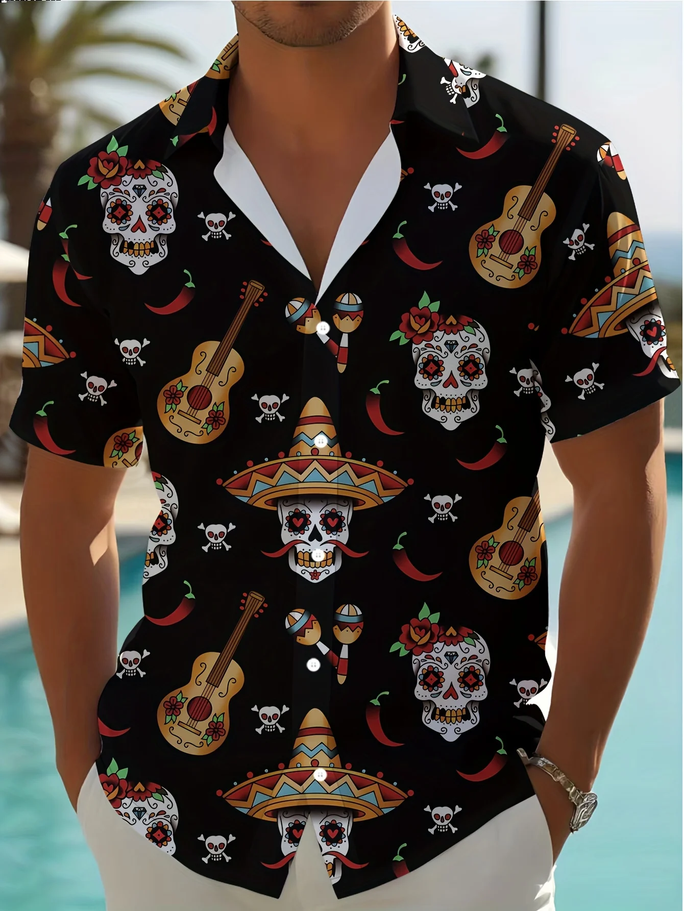 Men's Short Sleeve Shirt Halloween Mexican Skull Guitar Print Lapel Button Down Party Casual Mens Clothing
