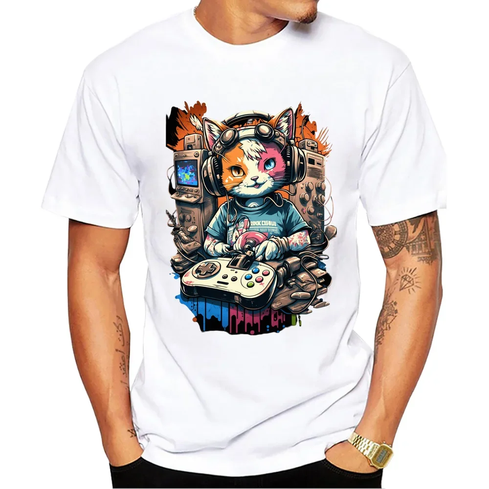 O-Neck Men Clothing Short Sleeve Male Casual Streetwear TEEHUB Vintage Cool Cat Play Round Neck Game Tops 3D Cat Print T-Shirt