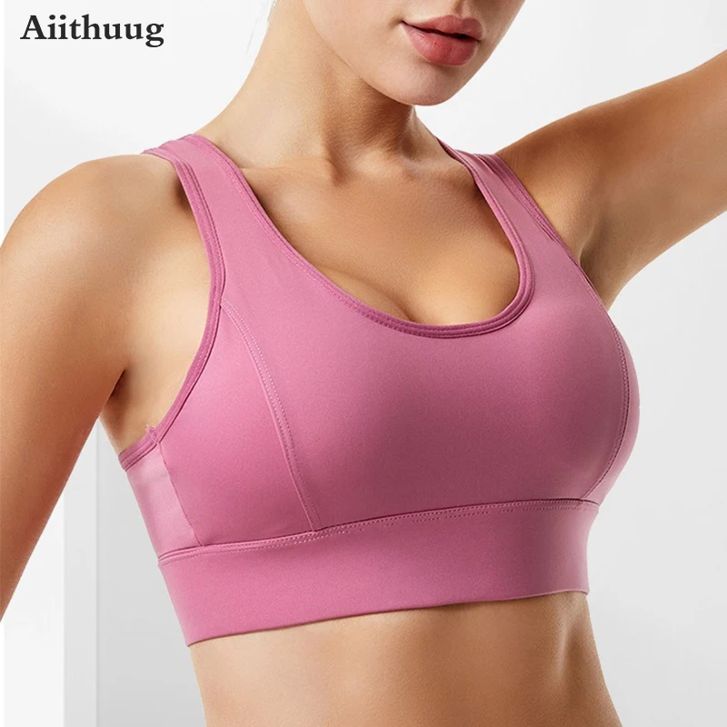 

Aiithuug Vest Style Removable Padded Racerback Yoga Bras Wide Straps Fitness Running Crop Tops Gathering Breathable Mesh On Back