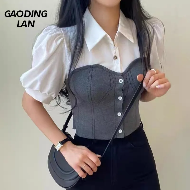 

GAODINGLAN контрастная женская рубашка с коротким рукавом, летние однобортные топы, облегающая повседневная женская блузка с рукавами-фонариками