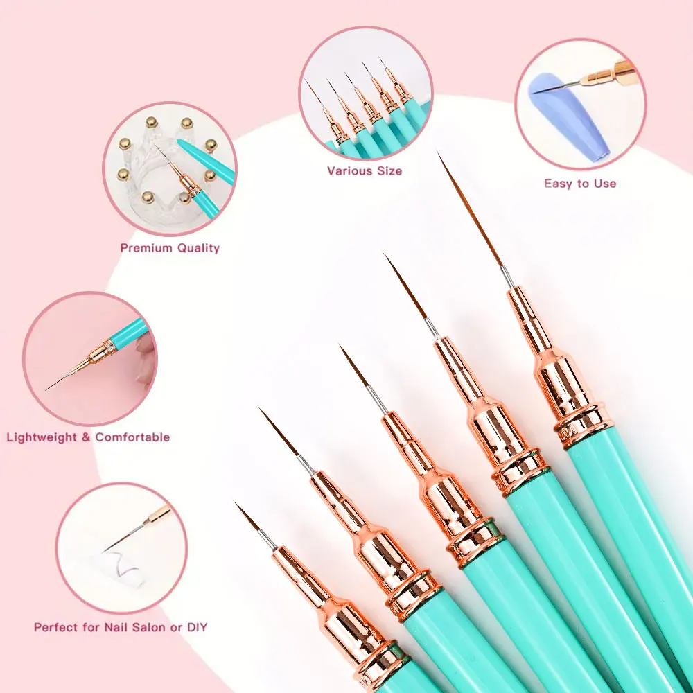 Juego de pinceles para delineador de uñas, 5/10 Uds., tamaños 7/9/11/15/25mm, líneas largas/lápiz de dibujo fino, herramientas de pintura de esmalte de uñas en Gel UV (5 colores)