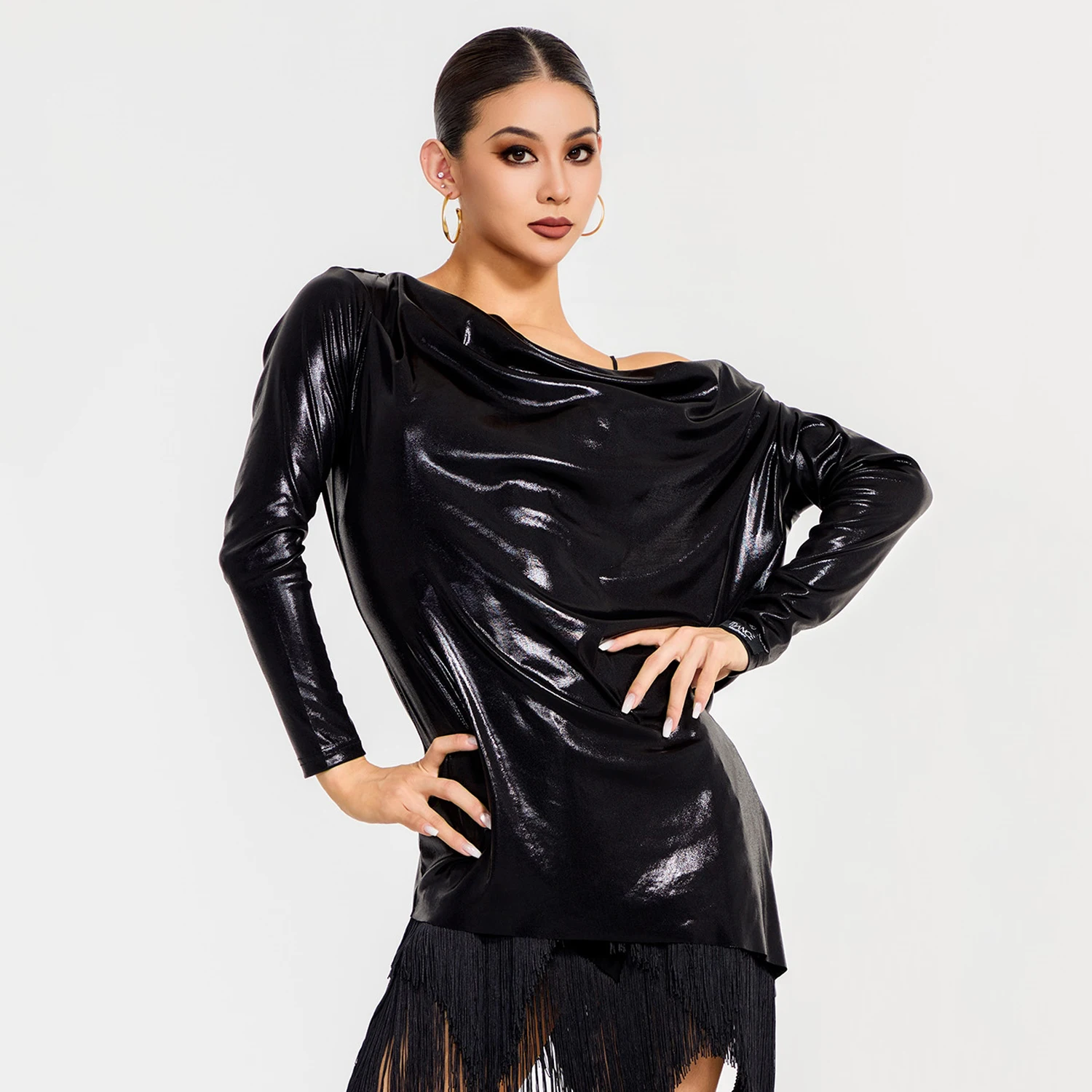 Long Sleeves Slant Shoulder Latin Dance Dress Women Loose Performance Dance Wear Adult Latin Dance Tops Rumba Dresses DNV22269