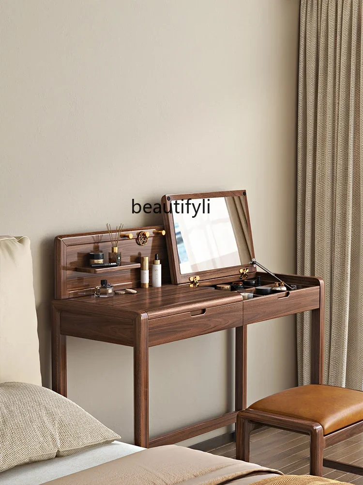 V New Chinese Style Dressing Table Solid Wood Light Luxury High-Grade Black Walnut Color Bedroom Dresser