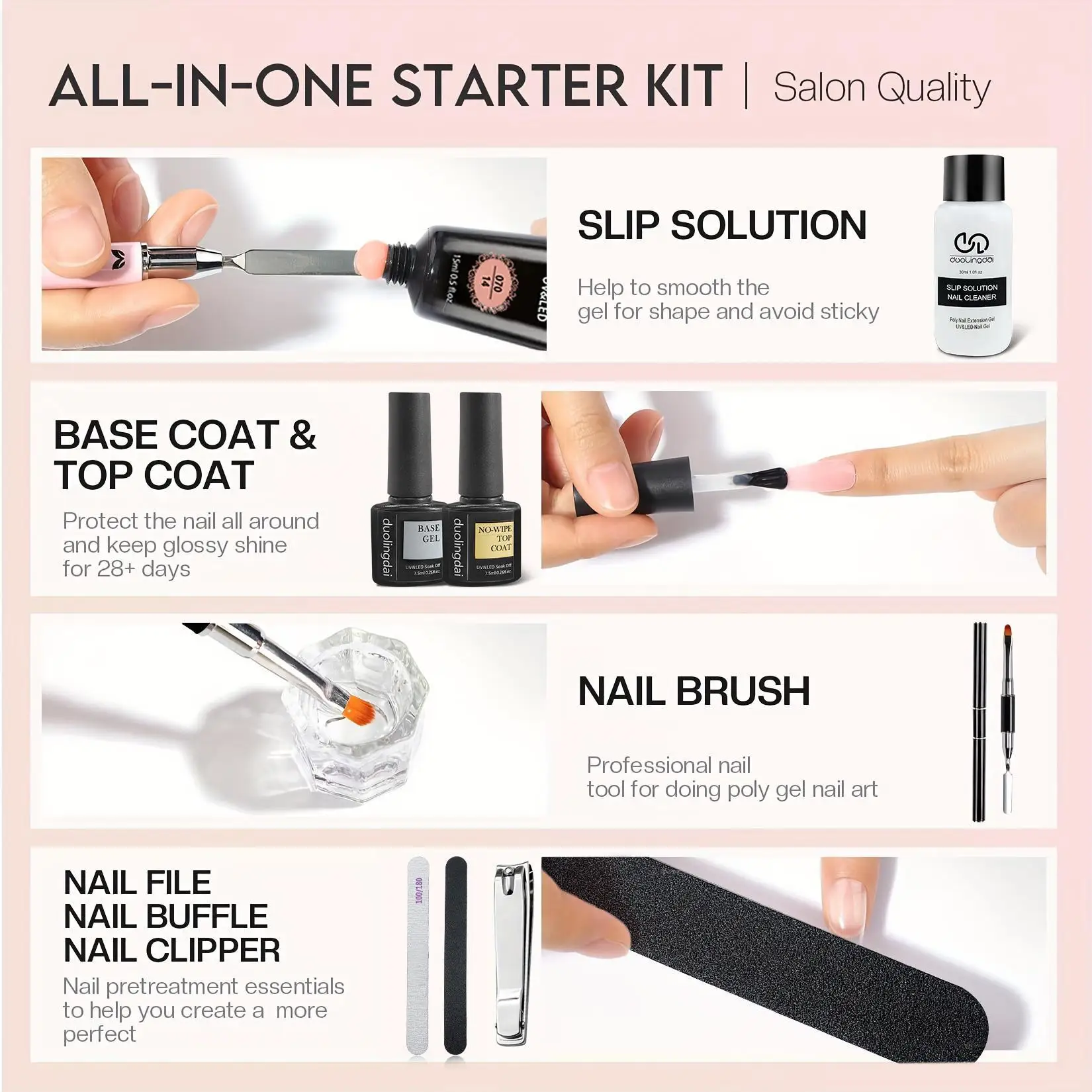 Poly Extension Gel Kit Nagellampe, 24 Farben, schnelle Verlängerung, Poly-Nagelgel, Slip-Lösung, Basis/Matt/Top Coat, Maniküre, professionell