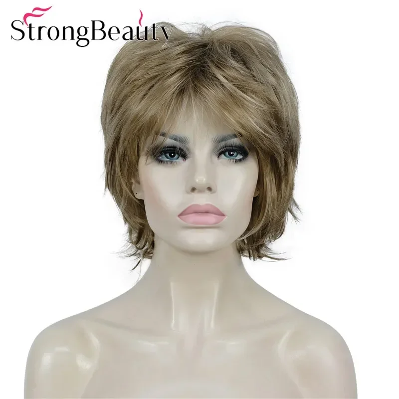 StrongBeauty Short Wavy Synthetic Wigs Fluffy Layered Cut Wig With Bangs Many Colors