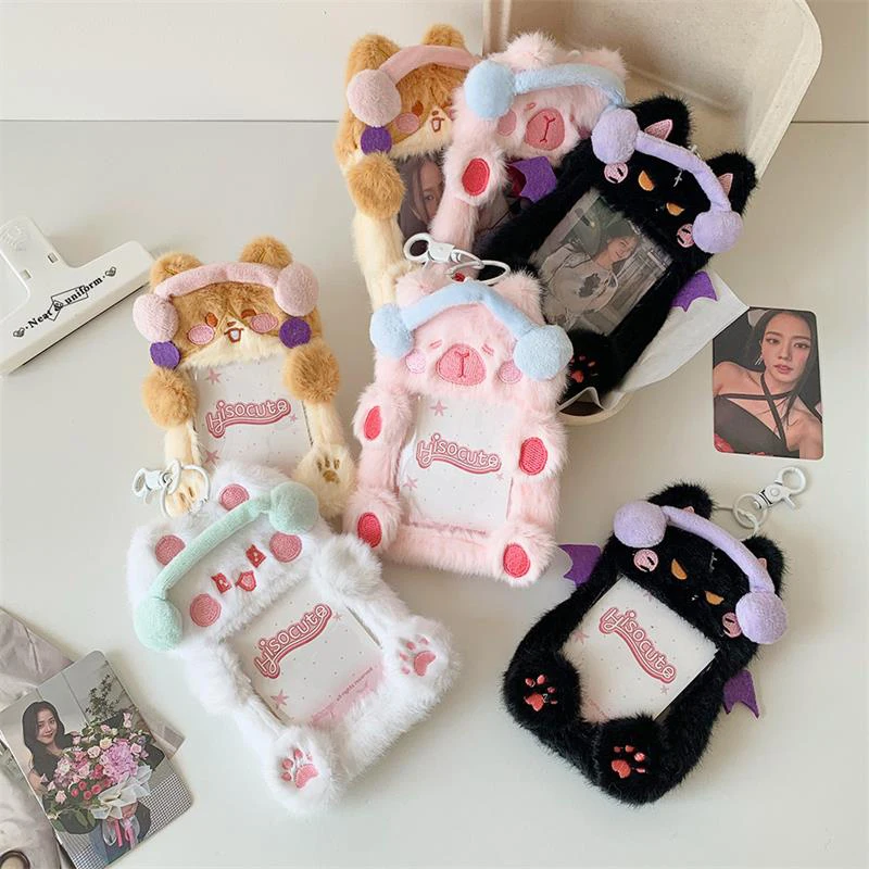 Cute Wearing Headphones Animal Plush Card Holder Backpack Pendant Bus Card Protective Cover Idol Photo Display Card Sleeve Gifts