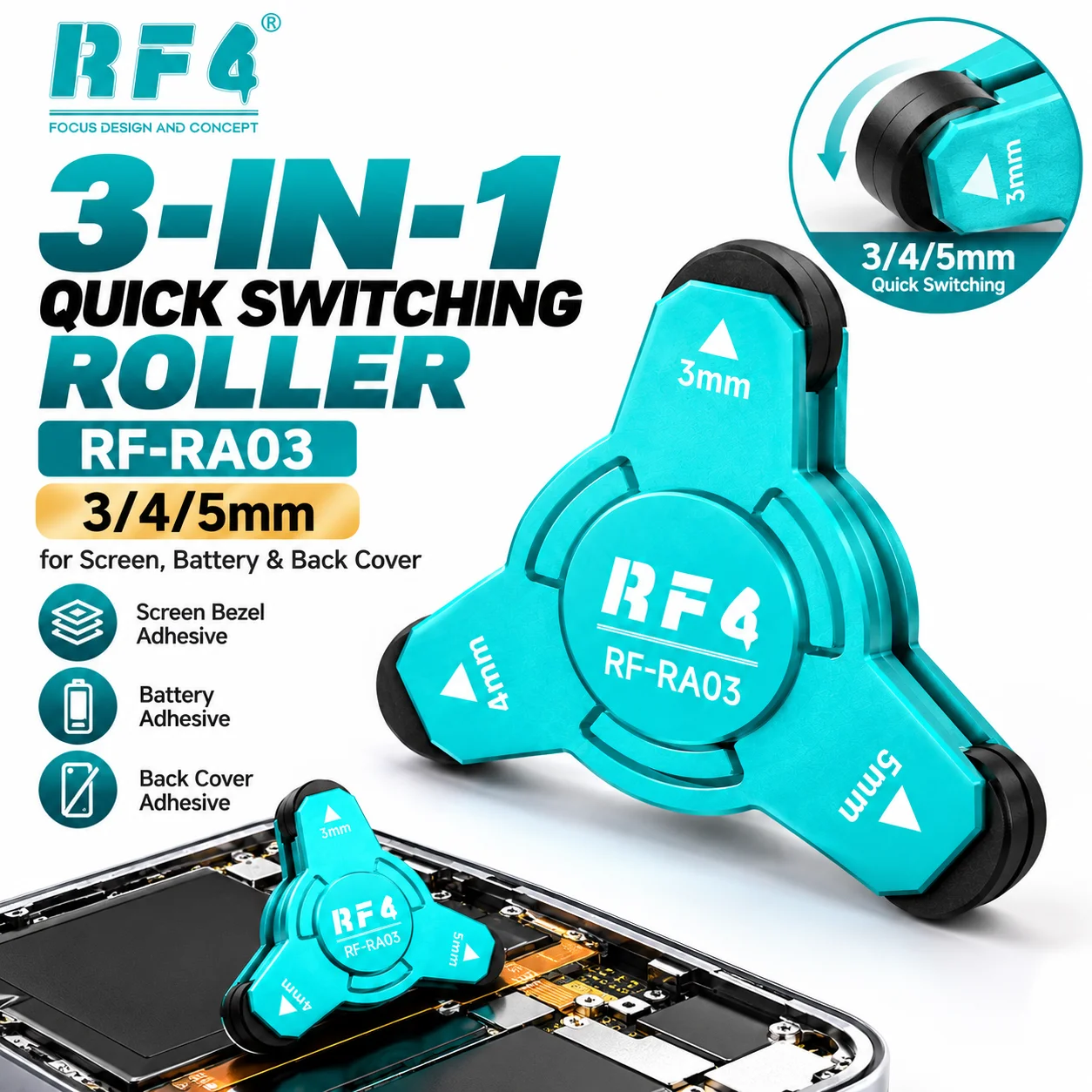 RF4 RF-RA03 3-In-1 Press Roller 3/4/5mm Quick Switch Even Pressure Tool For Phone Screen Battery Back Cover Repair